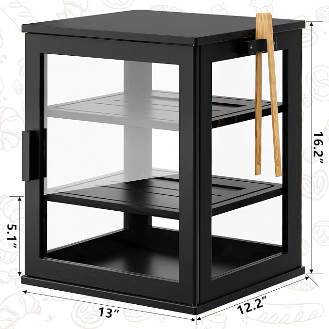 WOWLIVE Bread Box for Kitchen Countertop, 3 Layers Bread Storage Container | Large Bamboo Bread Bin for Homemade Bread with Window, Farmhouse Breadbox Organizer for Kitchen, Cabinet, Black, Extra Large