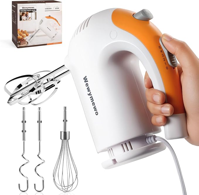 5-Speed 300W Hand Mixer Electric – Powerful Compact for Baking | Handheld Mixer Electric with 5 Stainless Steel Attachments – Egg Beater for Cakes, Bread, Cookies & Home Baking