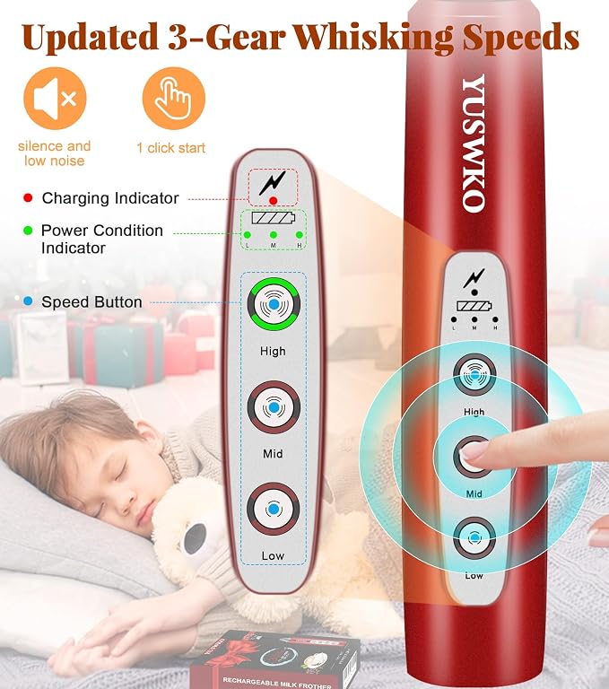 YUSWKO Handheld Milk Frother Wand for Coffee, Rechargeable Electric Whisk with 3 Heads 3 Speeds Drink Mixer Coffee Frother For Latte, Cappuccino, Hot Chocolate, Egg, Red