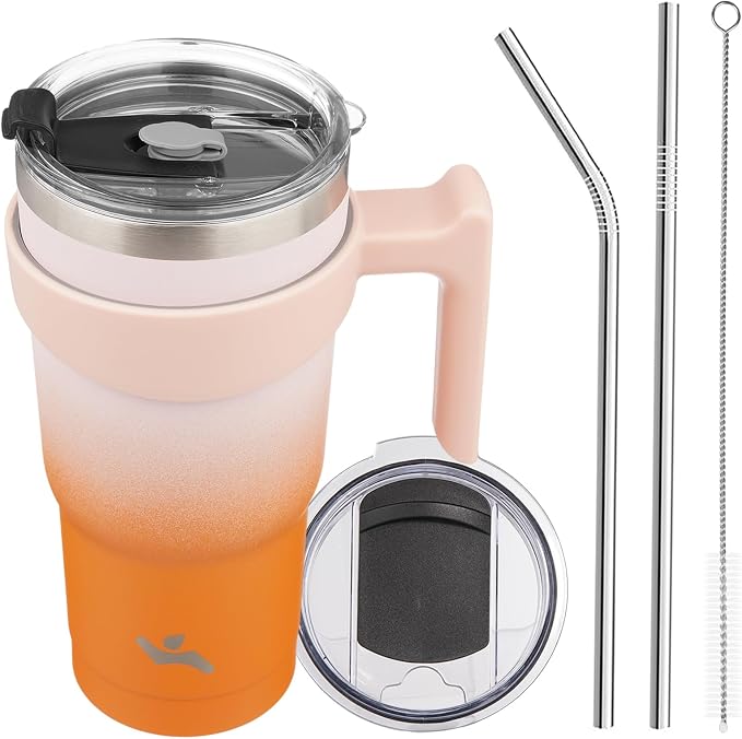 Konokyo 20 oz Tumbler with Handle and Straw, Insulated Travel Mug | Coral; BPA-free, leak-proof tumbler with 2 lids, 2 straws, cup holder fit for coffee, office, travel & daily use