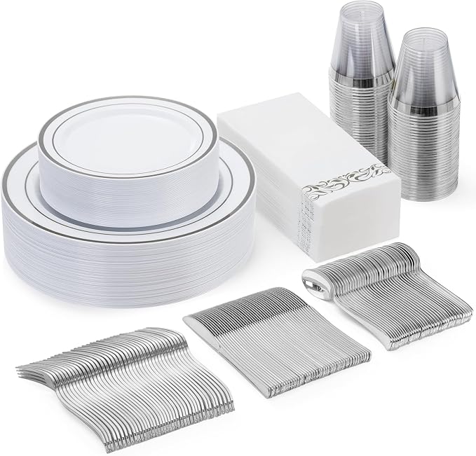 175 Pcs Silver Dinnerware Sets for 25 Guests, Disposable Plate Set | Plastic Plates for Wedding, Party, Include: 25 Dinner Plates, 25 Dessert Plates, 25 Paper Napkins, 25 Cups, 25 Silverware Set