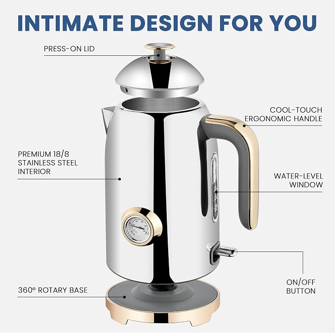 SUSTEAS 57oz Electric Kettle with Thermometer, Hot Water Pot, Glossy Silver | Electric Tea Kettle for Boiling Water, 1500W Stainless Steel Pot, Cordless LED Indicator, Auto Shut-Off & Boil Dry Protection