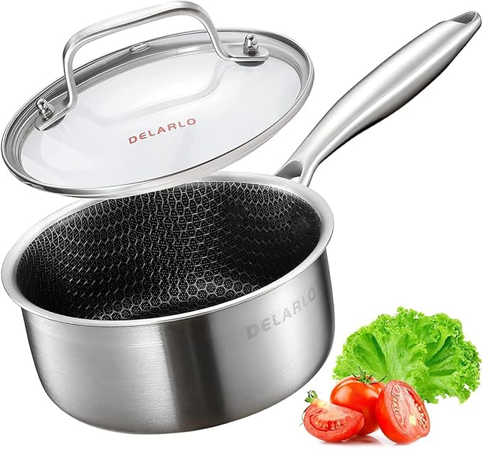 DELARLO Tri-Ply Stainless Steel Hybrid Non Stick Saucepan 1.5 Quart | Small Sauce Pot, Induction Cooking Saucier, Honeycomb Heavy Duty Sauce Pan Cookware, PFOA&PTFE Free