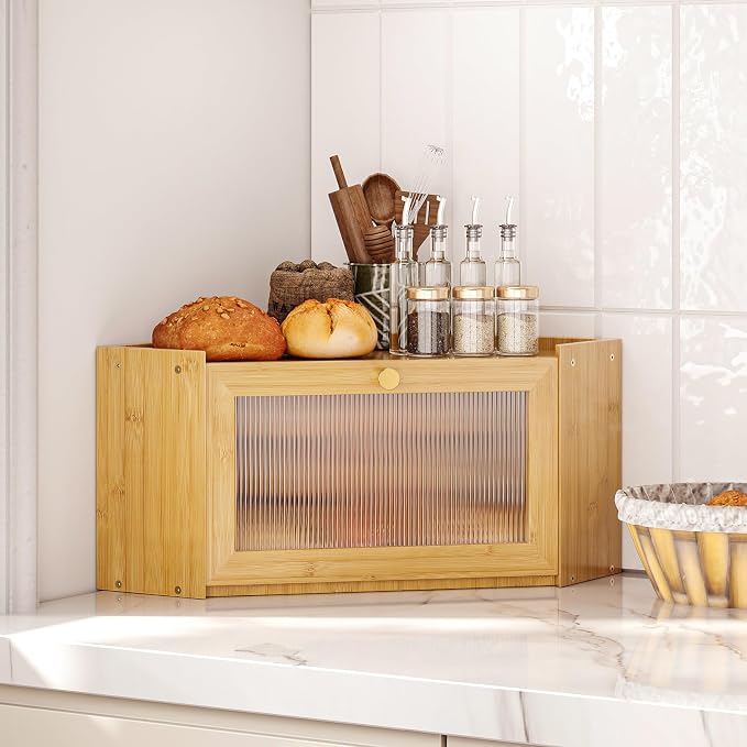 Trironsun Corner Bamboo Bread Box for Kitchen Counter Large Capacity Rustic Bread Storage Container with Wavy Arcylic Transparent Door Vintage Storage for Homemade Bread (Natural Bamboo)