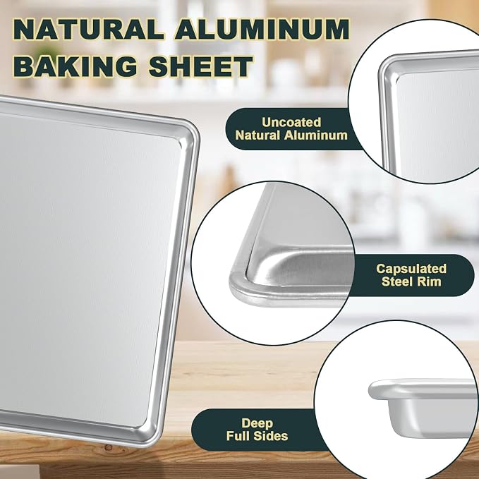 Wildone Baking Sheet with Rack Set (2 Pans + 2 Racks), Half Sheet Size | Natural Aluminum Commercial Quality Cookie Sheet with Cooling Rack, Nonstick Baking Pan, Warp Resistant & Heavy Duty