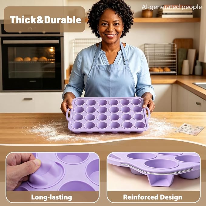 Mini Silicone Muffin Pan with Frame Non Stick Cupcake Tin Baking Mold | Silicone Cupcake Pan with Handles 24 Cup, BPA Free Silicon Muffin Tin Tray Small for Baking, Egg Bites, Cupcake Mold Purple