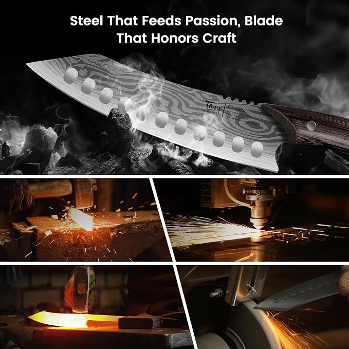 Japanese Kitchen Knife, 8.2 Inch Chef Knife, Carbon Steel Kiritsuke | Razor Sharp Santoku for Precision Cutting, Damascus Pattern, Full Tang Wood Handle, Housewarming Cooking Gifts