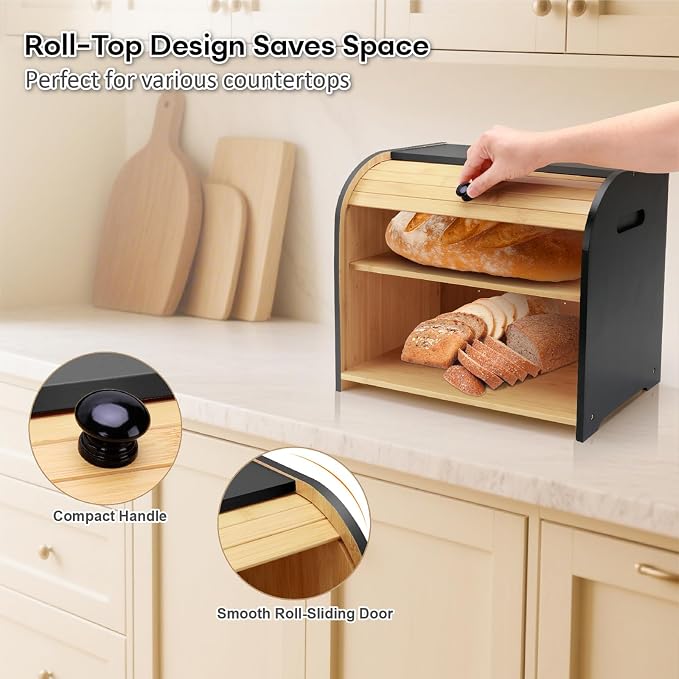 Bread Box for Kitchen Countertop, Two Layer Roll Top Bread Holder | 3 Adjustable Height, Large Capacity, Bamboo Bread Storage Container for Homemade Bread,Breadbox Organizer for Kitchen Counter