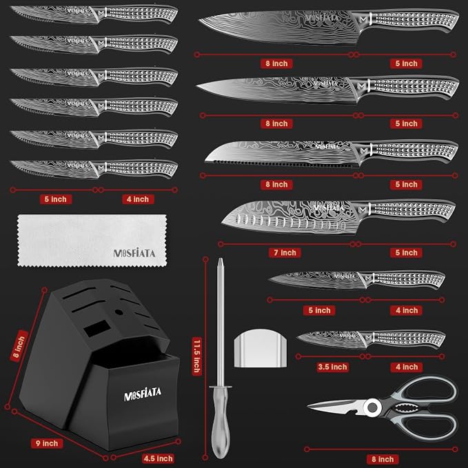 MOSFiATA Kitchen Knife Set, 17 Pcs Japanese Stainless Steel Knife Sets for Kitchen with Block with Knife Sharpening Rod, Dishwasher Safe, Titanium Plated Knife Block Set (Gray)