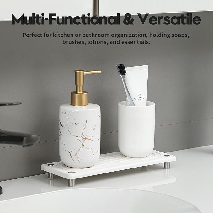 Water Absorbing Stone Sink Caddy, Diatomite Kitchen Sink Organizer, Bathroom Counter Tray, Faucet Drying Mat Coaster Soap Dish Rack Riser Dispenser Sponge Holder, Silver, White 10" x 4"
