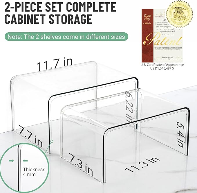 Bobomoment Clear Cabinet Organizer, Stackable Shelf Organizer Set of 2 | Kitchen Pantry Organizers and Storage, Display Cabinet Shelf Countertop Desk Shelves, Patented Spice Organization