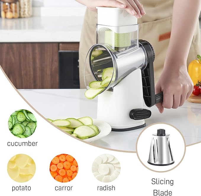 Weltonhm 4 in 1 Large Cheese Grater Hand Crank Rotary (White 4 Graters) | Cheese Shredder Rotary and Slicer with 4 Stainless Steel Blades for Vegetables, Veggie and Cheese, Stronger Suction Base
