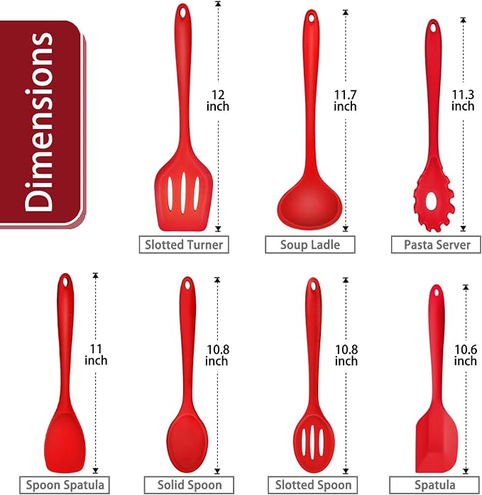 P&P CHEF Red Kitchen Utensils, Silicone Cooking Utensil Set of 7 | Soft Spatula for Nonstick Cookware, Slotted Turner, Soup Ladle, Pasta Server, Spoon for Cooking, Dishwasher Safe & Heat Proof