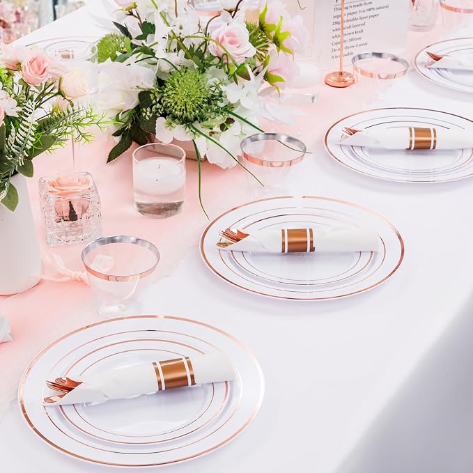 DaYammi 350PCS Rose Gold Plastic Dinnerware Set for 50 Guests, Plastic Plates for Party Include: 50 Dinner Plates, 50 Dessert plates,50 Pre Rolled Napkins with Rose Gold Silverware,50 Cups for Wedding