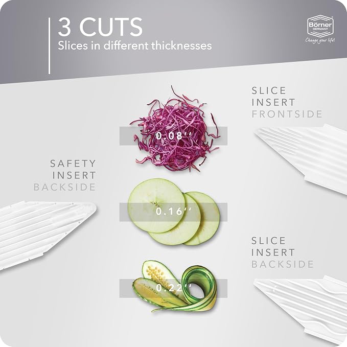 Börner Mandoline Slicer V3 (Basic Set) • V-Slicer for Vegetables & Fruits • Adjustable Kitchen Slicer • 3 Thickness Settings • With Rubber Feet & Stainless Steel V-Blade • Color: White