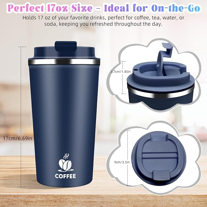 17oz Insulated Travel Coffee Mug with Flip Lid – Leakproof Stainless Steel Insulated Coffee Tumblers, Reusable Coffee Cup for Hot & Cold Drinks, Perfect for Camping & On-the-Go