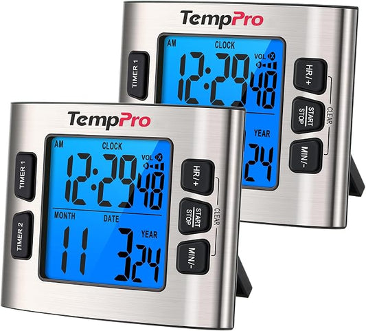 TempPro TM02 24H Kitchen Timer with Dual Digital Timers & Clock Mode | Magnetic Timer with Adjustable Alarm Volume, Kitchen Timers for Cooking with LCD Backlit, Classroom Timer for Kids, 2 Pack