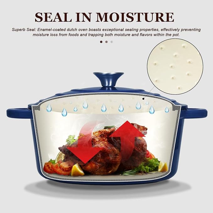 Overmont Enameled Cast Iron Dutch Oven - 4.5QT Pot with Lid Cookbook & Cotton Potholders - Heavy-Duty Cookware for Braising, Stews, Roasting, Bread Baking IndigoBlue