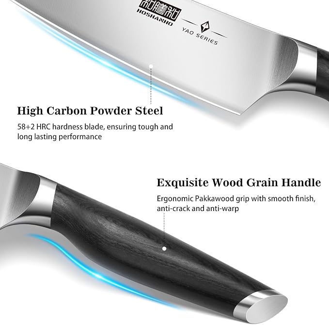 HOSHANHO 8PCS Knife Set, Razor Sharp Japanese Kitchen Knife Set with Block | High Carbon Powder Steel Knife Block Set, Professional Chef Knives Set with Scissors, Ergonomic Pakkawood Handle, Gifts