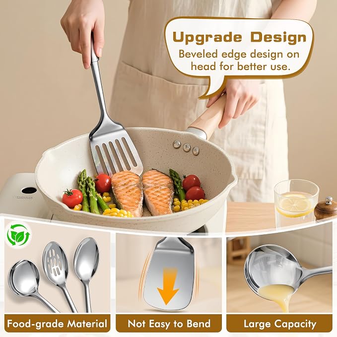 12 Pcs Stainless Steel Cooking Utensils Set, Metal Kitchen Tools Include Utensil Holder, Solid & Slotted Spatula, Spoon, Ladle, Pasta Server, Potato Maseher, Egg Whisk,Cooking Tong, Flexible Spatula