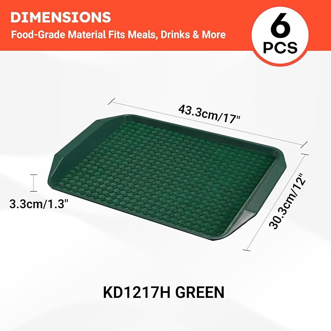 6 Pack Fast Food Serving Trays with Side Handles, 17" x 12" Commercial Cafeteria Plastic Trays, Stackable for Restaurants, Cafés & High-Traffic Dining Environments, Green