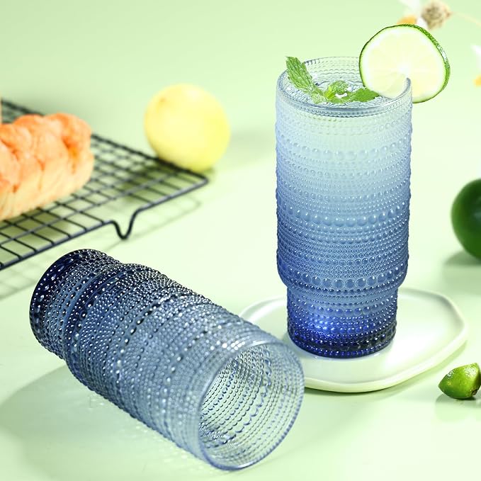 Large Capacity 16 oz Hobnail Drinking Glasses Set of 4, Vintage Glassware Drinking Glasses, Gray-blue Water Glasses Tumbler, Cups for Kitchen, Juice, Beer, Cocktail, Whiskey