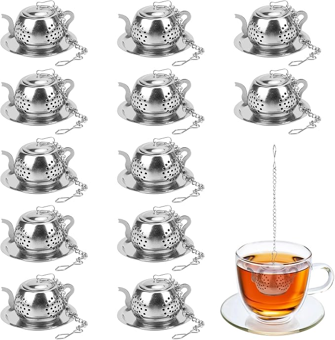 CEYAZYE 12PCS Stainless Steel Tea Infuser, Loose Leaf Tea Ball Strainer | Fine Mesh Teapot Interval Diffuser, Extended Chain Hook and Drip Tray for Brewing Tea Herbs Condiments & Spices