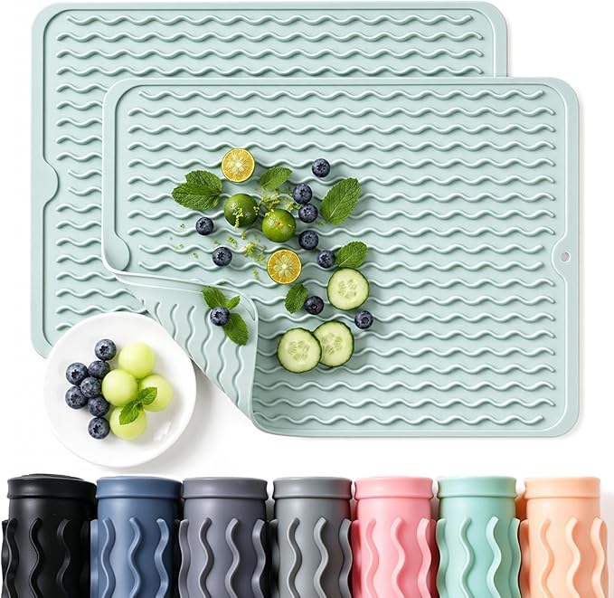 2 Pack Caketime Silicone Dish Drying Mat for Kitchen Counter Baking Cooking Grilling Tools Coffee Must Haves Household Dining Finds Dryer Work Place Covers Rubber Rug Extra Large 18"x16" Green