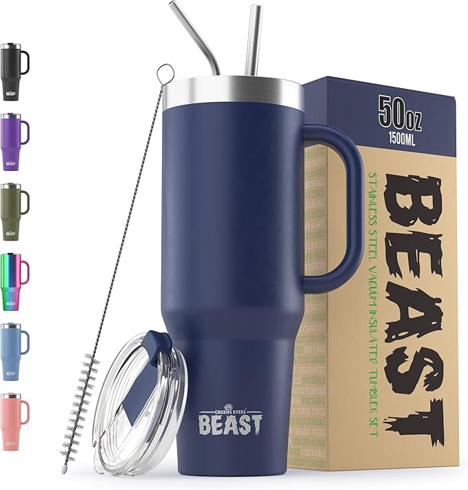 Beast 50 oz Tumbler with Handle Stainless Steel Vacuum Insulated Coffee Ice Cup Double Wall Travel Flask (Royal Blue)