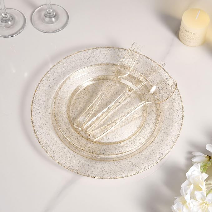 BESTVIP 600PCS Gold Glitter Dinnerware Set for 100 Guests, Plastic Plates | for Party, 100 Gold Glitter Disposable Plates, 100 Dessert Plates, 100 Cups, 100 Spoons, 100 Forks and 100 Knives