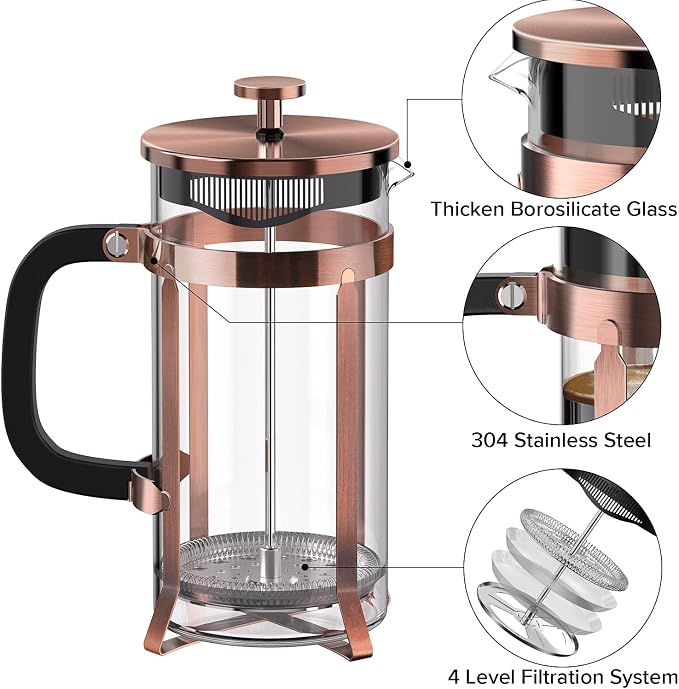 QUQIYSO French Press Coffee Maker 21oz,Borosilicate Glass Coffee Press | Thickened Glass Stainless Steel Coffee French Press,Easy to Clean,4 Filter Suitable for Kitchen Party Camping Gifts (Copper)