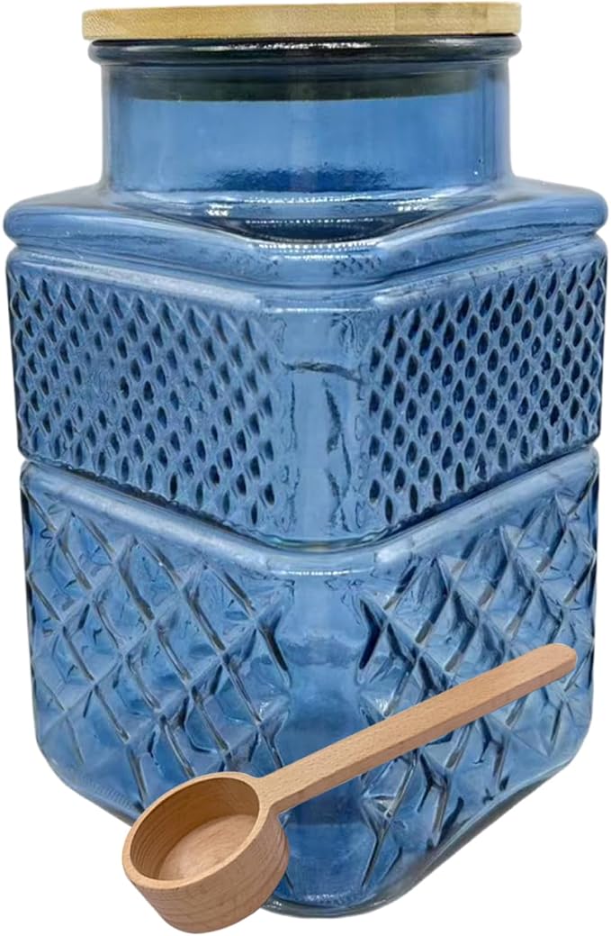 Coriario 60oz Square Glass Food Storage Jar with Airtight Lid and Spoon | Blue Large Glass Coffee Canister Vintage Decorative Sugar Container Jars