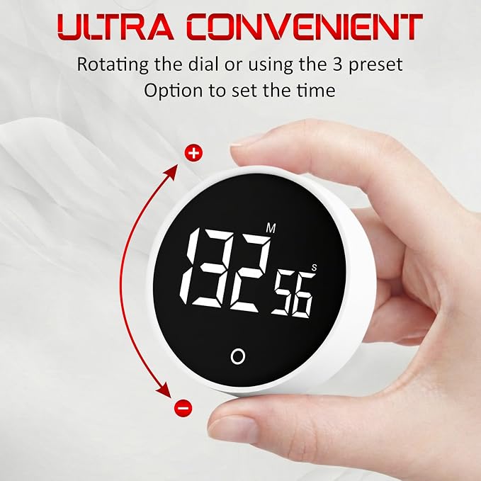 Digital Kitchen Timer with Large LED Display & Pomodoro Countdown | Magnetic rotary twist dial timer with non-slip design, back stand, ideal for cooking, classroom, study, ADHD & productivity.