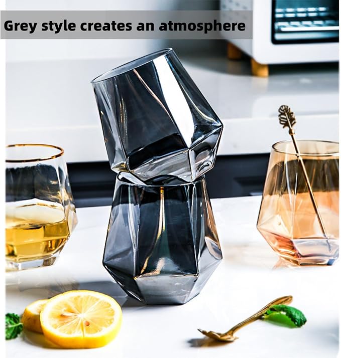 Wine Glasses Set Of 4,Stemless Diamond Wine Glass Shape 10 Oz Gray Christmas Glassware Dishwasher Safe, Spill-Proof Design For Red Wine, Cocktail, Whiskey, Bourbon for Wine Lovers (Gray)