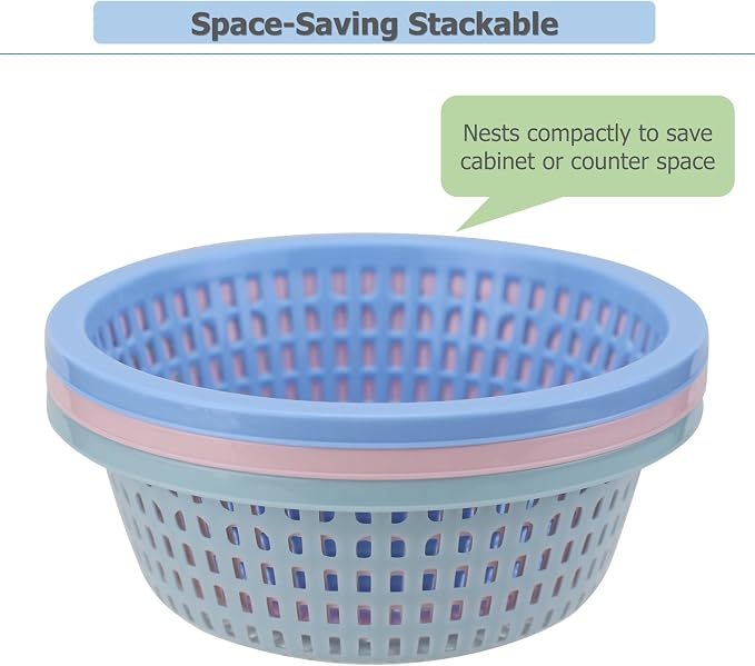 EIKS 8.5-inch Small Colander, Plastic Strainer Basket - 3 Pack | For Rinsing Draining and Air Drying, Veggies Berry Fruits, Meal Prep