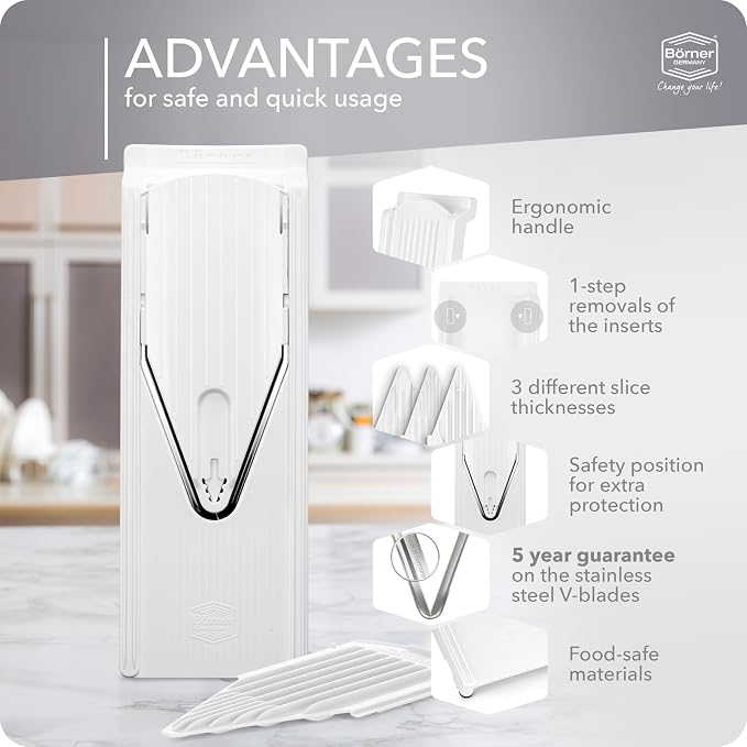 Mandoline Food Slicer Börner V3 (Basic Set) by Reston Lloyd • V-Slicer with Food Holder • Made in Germany • Fruit & Vegetable Chopper • Multiple Settings • Color: White