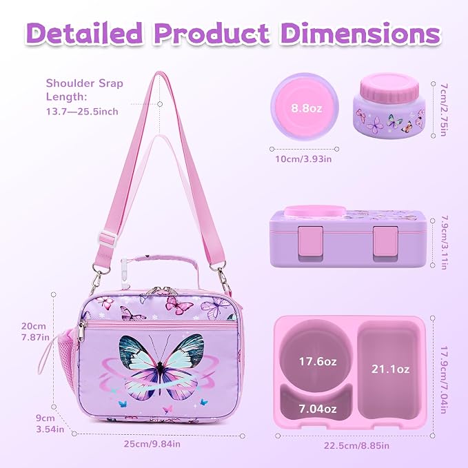 Bento Box for Kids, Leakproof Kids Lunch Box with 8.5OZ Thermo Food Jar & Lunch Bag, 3-4 Compartments Toddler Insulated Lunch Box for Girls, BPA Free Lunch Containers for School Daycare
