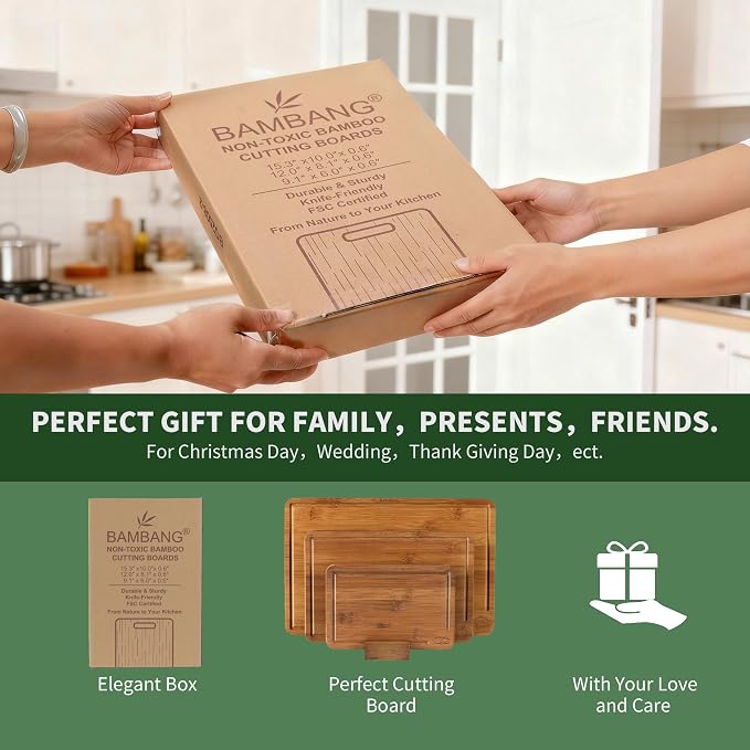BAMBANG Bamboo Cutting Board, Dark Carbonized Chopping Boards Set of 3 with Stand, Butcher Block with Deep Juice Groove, Non-Toxic Wooden Cutting Boards for Kitchen Meal Prep & Serving