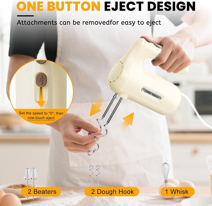 Lord Eagle 5-Speed Small Hand Mixer Electric, 300W Compact Portable, Cream | Handheld Kitchen Mixer Egg Beater with 5 Attachments & Storage Bag, Cake Supplies for Bread Dough Baking, Lightweight