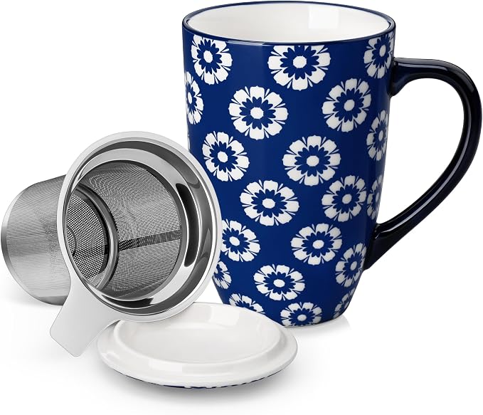 vancasso SELENE Porcelain Tea Mug, 18 oz Porcelain Tea Cup with Infuser and Lid Steeps Loose Leaf Tea, Microwave & Dishwasher Safe, Daisy Cluster