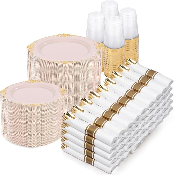 Nervure 700Pcs Pink Plastic Plates, Plastic Dinnerware Set for 100 Guests | 100 7.5" Dessert & 100 10.25" Dinner Plastic Plate, 300 Silverware, 100 10oz Cups, 100 Napkin for Wedding & Party, BPA-free