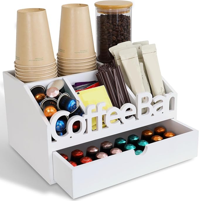 Coffee Bar Organizer Countertop,Wood Coffee Station with Drawer,Home&Office | K-Cups, Tea Bags, Sugar Packets & Creamers