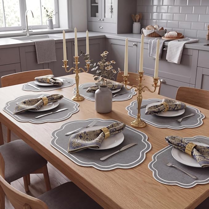 6 Pcs Gray Wedding Placemats Scalloped Embroidered Cotton Linen Placemats 17" x 13" Double Layered Machine Washable Table Place Mat for Party Table Decor (Cotton)