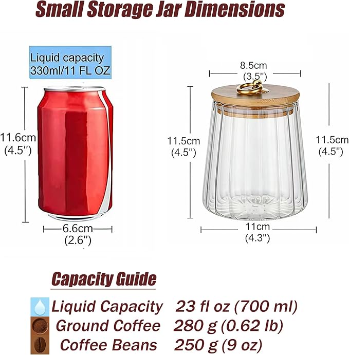 Glass Coffee Nuts Canister, Airtight Jar Bamboo Lid 23 FL OZ, Small Conical | Sealed Kitchen Storage Jar, 700ml Petal Ribs Design Decorative Candy Coffee Container, Gold Metal Handle, Easy to Grasp
