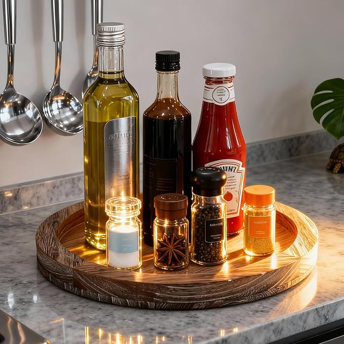 Round Wood Trays Home Decor Farmhouse Coffee Table Centerpieces Decorative | Circle Small Wooden Candle Holder Rustic Living Room Dining Table Decorations Boho Kitchen Bathroom Counter Dresser Tray