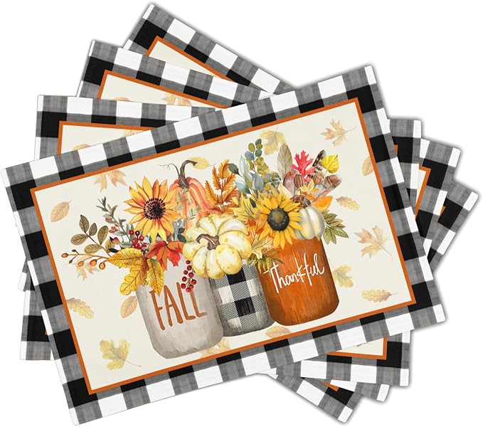 Fall Sunflower and Pumpkin Placemats Set of 6 18x12 Inch Autumn Flower Leaf Linen Place Mats Heat-Resistant Washable Wipeable Buffalo Check Plaid Table Mat for Party Kitchen Dining Room Dinner Decor