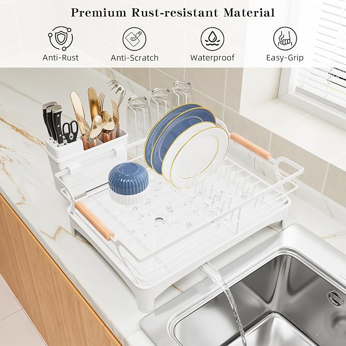 Dish Drying Rack,Space Saving Dish Drainer for Kitchen Counter & Sink,White | Rustproof,Riser Feet,Wooden Handle,Cup Holder & Knife Slots,Expandable Spout,Auto-Drainage System,Sink Storage Organizer