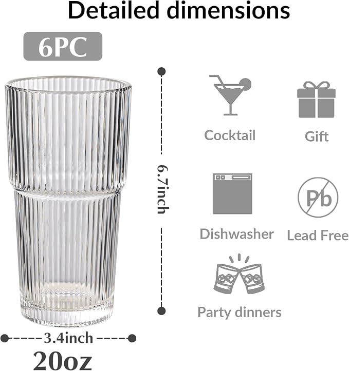 Set of 6 Oversize Ribbed Glassware, 20oz Vintage Clear Glass Tumbler, Large capacity, Origami Style, Fluted Design, Ideal for Water, Iced Coffee, Beer, Tea, Latte, Housewarming Gift (Large)
