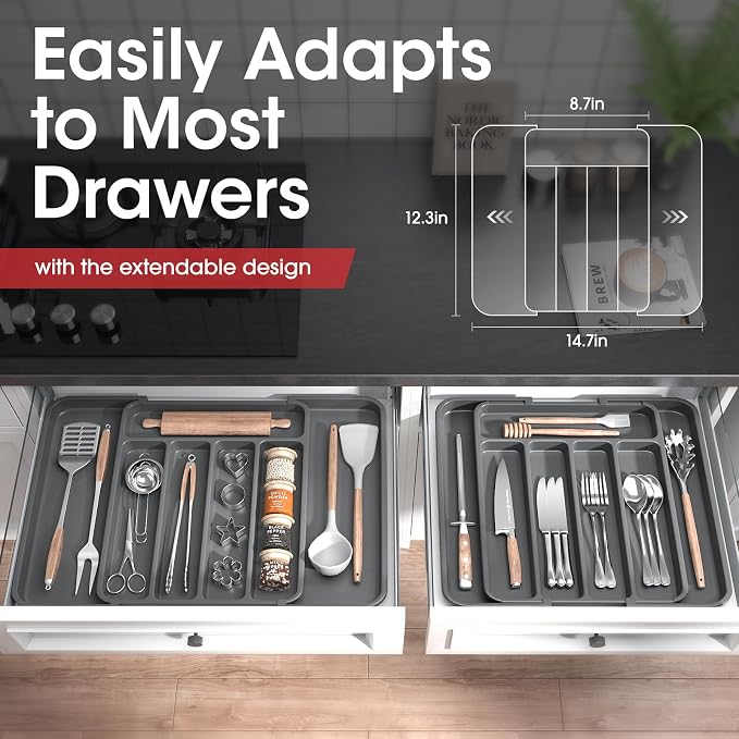 Aujen Silverware Drawer Organizer, Adjustable Utensil Cutlery Tray | Expandable Kitchen Organizer for Forks Knives, Multipurpose Kitchen Storage, Apartment Essentials, Grey, Medium