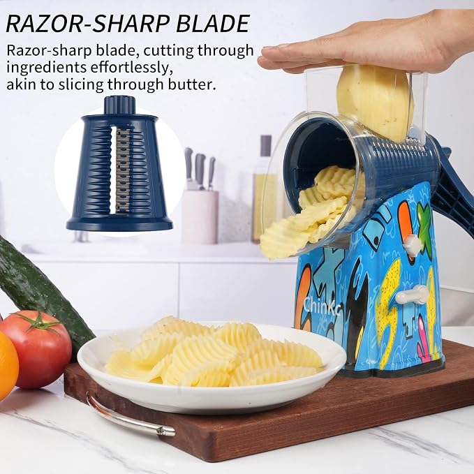Upgrade Rotary Cheese Grater Shredder with Handle, Strong Suction Base, Multi-purpose Rotary Grater Slicer with 5 Interchangeable Blades for Ice, Vegetables, Fruit, Nuts with Blade Storage Box